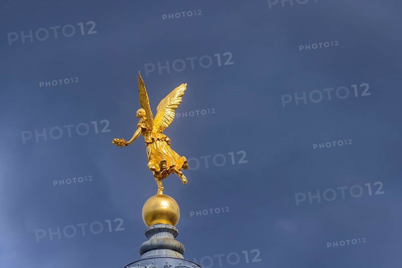 Fama (the goddess of rumours) on the dome of the Academy of Fine Arts, Dresden, Saxony, Germany