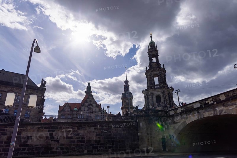 Ständehaus, Georgentor, Schloss- or Hausmannsturm, Hofkirche and Augustusbrücke in backlight, Dresden, Saxony, Germany
