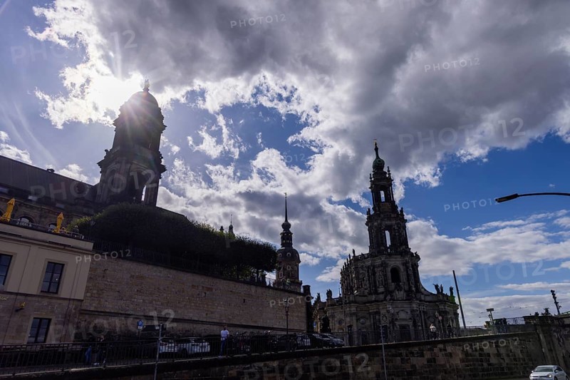 Einnhemerhaus, Brühlsche Terrasse, Ständehaus, Schloss- or Hausmannsturm, Hofkirche and Augustusbrücke in backlight, Dresden, Saxony, Germany