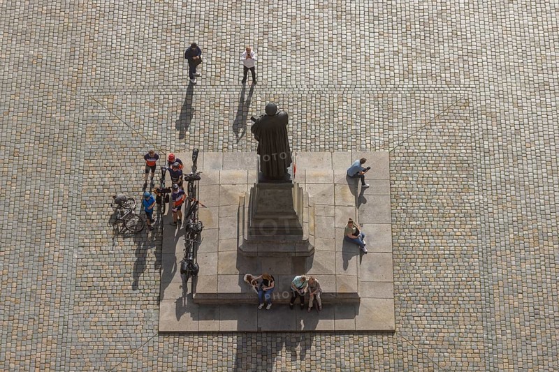 View from the lantern of the Church of Our Lady to the Neumarkt with Luther monument, Dresden, Saxony, Germany