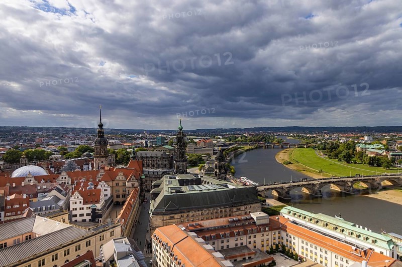 View from the lantern of the Church of Our Lady over the old town centre into the Elbe valley, Dresden, Saxony, Germany