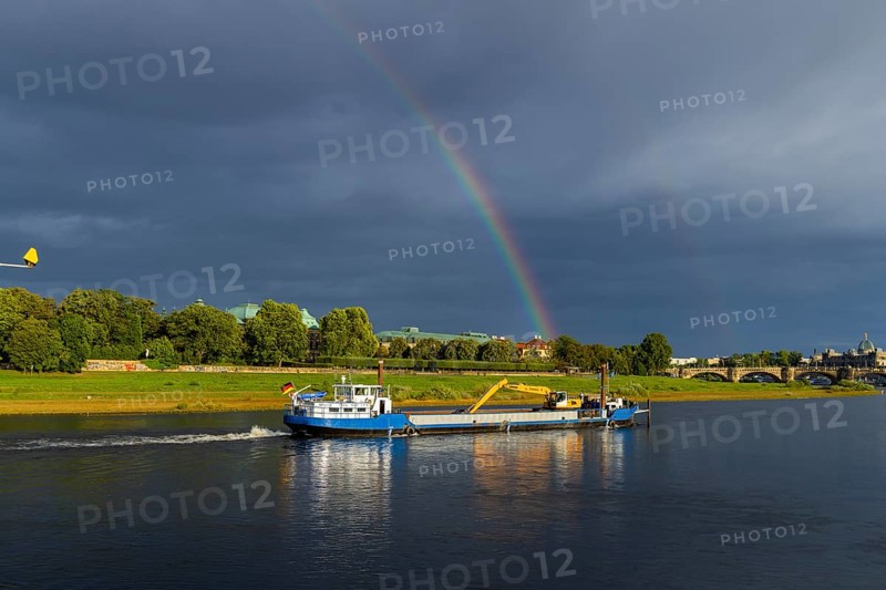 Dredger Domarin with rainbow over the Elbe at Neustädter Elbufer, Dresden, Saxony, Germany
