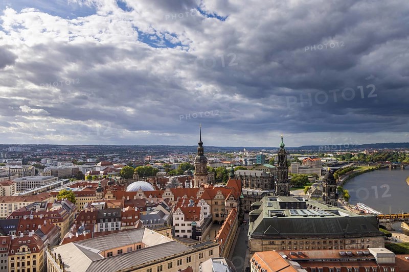 View from the lantern of the Church of Our Lady over the old town centre into the Elbe valley, Dresden, Saxony, Germany