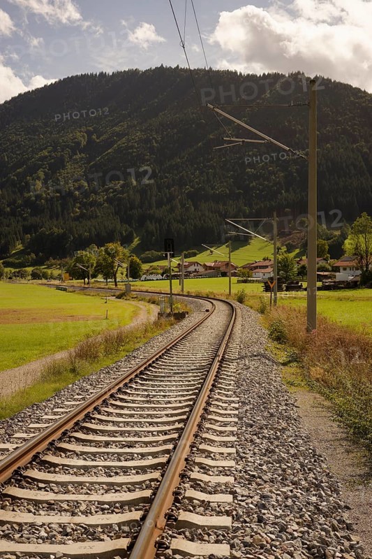 Railway tracks between Oberammergau and Unterammergau, Deutsche Bahn, train, local transport, local passenger transport, Pulvermoos, moorland, cultural landscape, tourism, Alps, mountains, Ammergau, Ammergau Alps, Bavaria, Upper Bavaria, Germany