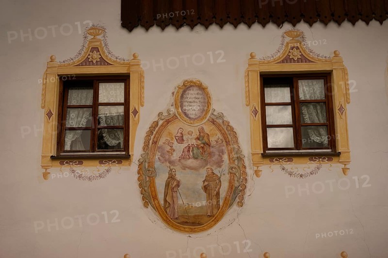 Lüftlmalerei on a house wall, Oberammergau, Bible, biblical, tourism, Alps, mountains, Ammergau, Ammergau Alps, Bavaria, Upper Bavaria, Germany
