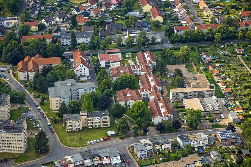 Aerial view of the AWO retirement home Hermann-Görlitz-Seniorenzentrum, Bergkamen, Ruhr area, North Rhine-Westphalia, Germany, DE, Europe, aerial photo, birds-eyes view, aerial photography, aerial photography, overview, bird's eye view, retirement home, nursing home, retirement residence