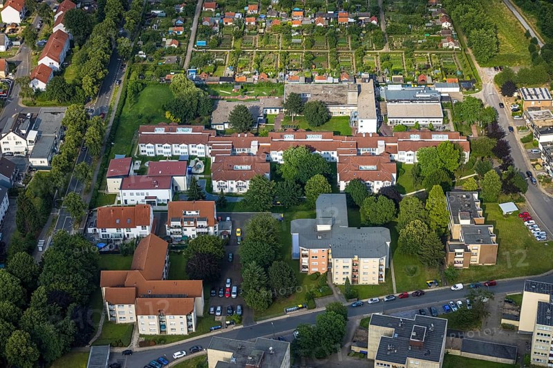 Aerial view of the AWO retirement home Hermann-Görlitz-Seniorenzentrum, Bergkamen, Ruhr area, North Rhine-Westphalia, Germany, DE, Europe, aerial photo, birds-eyes view, aerial photography, aerial photography, overview, bird's eye view, retirement home, nursing home, retirement residence