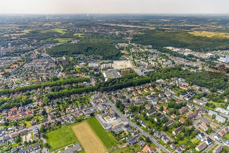 Aerial view, town hall and construction site with demolition of the former tower mall in Weddinghofen, Bergkamen, Ruhr area, North Rhine-Westphalia, Germany, construction work, construction area, building site, building plots, construction project, construction site, authority, DE, Europe, aerial view, aerial photography, aerial photography, town hall, city administration, overview, bird's-eye view, overview