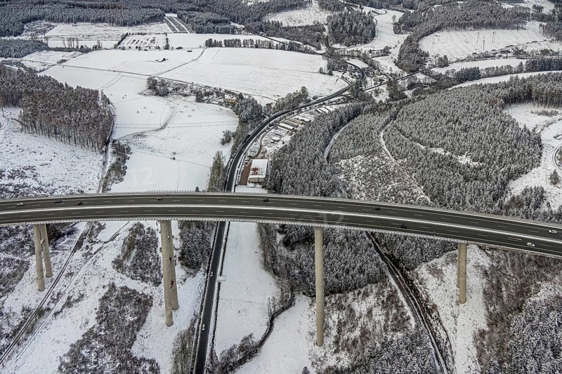Aerial view of the highest viaduct in North Rhine-Westphalia in Nuttlar in Bestwig in Sauerland in North Rhine-Westphalia, Germany, Bestwig, Sauerland, North Rhine-Westphalia, DE, Europe, aerial photograph, birds-eyes view, aerial photography, aerial photography, overview, overview, bird's eye view, winter, snow, lockdown