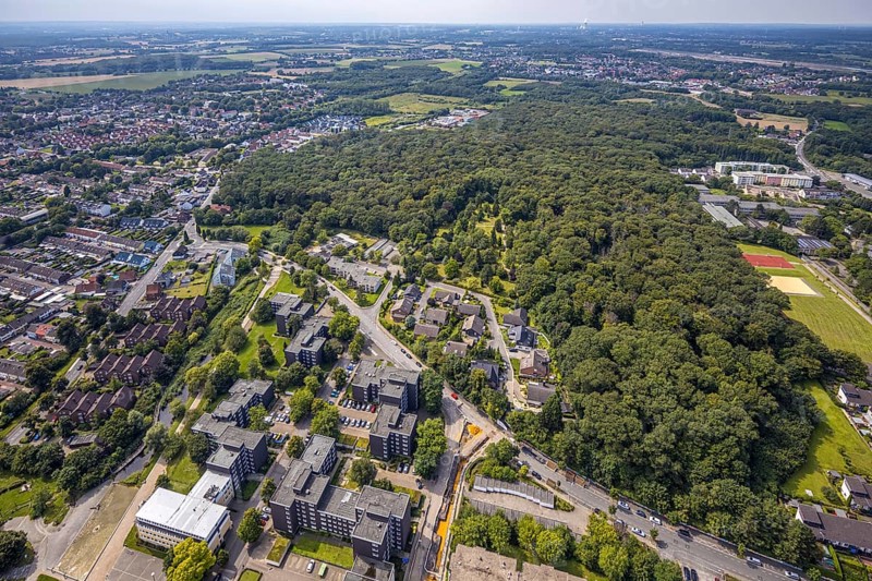 Aerial view, forest area Kleiweg and Am Südhang in Weddinghofen, Bergkamen, Ruhr area, North Rhine-Westphalia, Germany, DE, Europe, forest, aerial view, aerial photography, aerial photography, overview, bird's-eye view, forest, forest area, woodland, birds-eyes view, overview