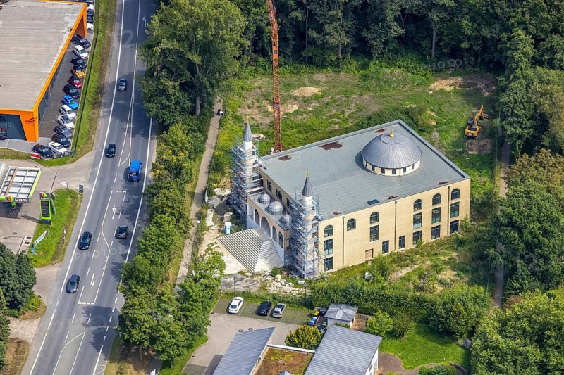 Aerial view, construction site for new DITIB mosque on Erich-Ollenhauer-Straße in Bergkamen, Ruhr area, North Rhine-Westphalia, Germany, place of worship, Bergkamen, DE, Ditib Turkish-Islamic Community Bergkamen, Europe, religious community, place of worship, holy site, church, church community, denomination, aerial view, aerial photography, aerial photography, religion, religious site, overview, bird's-eye view, bird's-eye view, overview