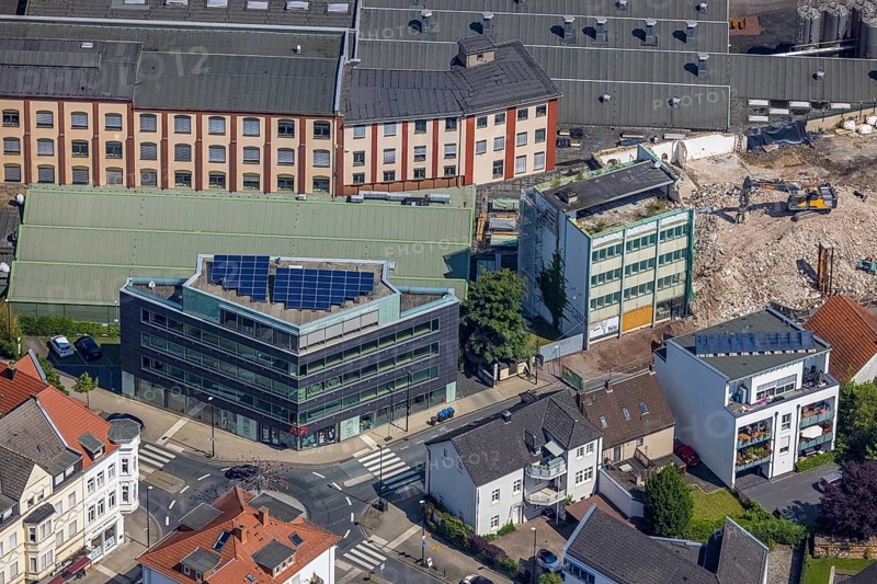 Aerial view, demolition site Dreiblitz-Haus on Möhnestrasse, Neheim, Arnsberg, Sauerland, North Rhine-Westphalia, Germany, demolition, construction work, construction area, construction site, construction measure, construction site, DE, Europe, Hochsauerlandkreis, aerial photograph, aerial photography, aerial photography, overview, bird's-eye view, bird's-eye view, overview