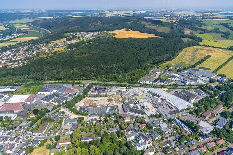 Aerial view, construction site at Graf-Gottfried-Straße, Neheim, Arnsberg, Sauerland, North Rhine-Westphalia, Germany, construction work, construction area, building site, building plots, construction project, construction site, DE, Europe, Hochsauerlandkreis, aerial photograph, aerial photography, aerial photography, overview, bird's-eye view, overview