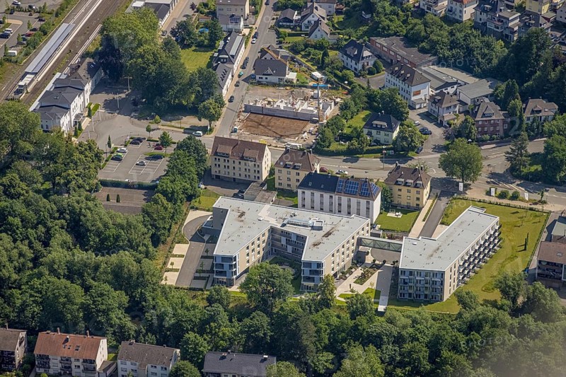 Aerial view, construction site and new building care centre, building complex for assisted living, Clemens-August-Straße, Arnsberg, Sauerland, North Rhine-Westphalia, Germany, care and nursing, DE, Europe, Hochsauerlandkreis, aerial view, aerial photography, aerial photography, care facility, retirement home, retirement centre, overview, bird's-eye view, assisted living, birds-eyes view, overview