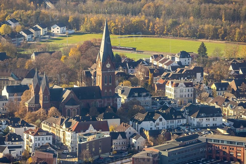 Aerial view, Cathedral of Neheim St. Johannes-Baptist in the district of Neheim in Arnsberg, Sauerland, North Rhine-Westphalia, Germany, place of worship, Arnsberg, DE, cathedral, Europe, religious community, place of worship, holy place, church, parish, denomination, aerial view, aerial photography, aerial photography, religion, religious site, overview, bird's-eye view, overview