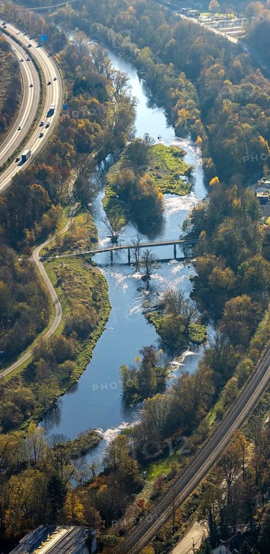 Aerial view, renaturation of the Ruhr at the Schützenbrücke in the district Neheim in Arnsberg, Sauerland, North Rhine-Westphalia, Germany, Arnsberg, motorway A46, railway tracks, DE, Europe, aerial view, aerial photography, aerial photography, renaturation, overview, bird's-eye view, bird's-eye view, near-natural development, overview