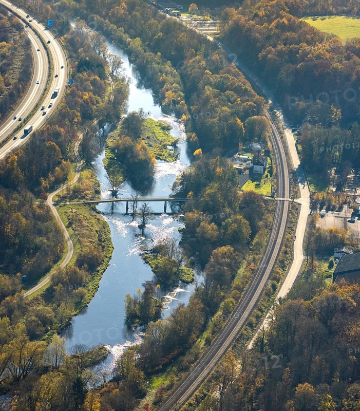 Aerial view, renaturation of the Ruhr at the Schützenbrücke in the district Neheim in Arnsberg, Sauerland, North Rhine-Westphalia, Germany, Arnsberg, motorway A46, railway tracks, DE, Europe, aerial view, aerial photography, aerial photography, renaturation, overview, bird's-eye view, bird's-eye view, near-natural development, overview