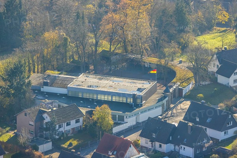 Aerial view, community hall in the district Herdringen in Arnsberg, Sauerland, North Rhine-Westphalia, Germany, Arnsberg, DE, Europe, aerial view, aerial photography, aerial photography, overview, event location, event venue, bird's eye view, birds-eyes view, cultural use, overview