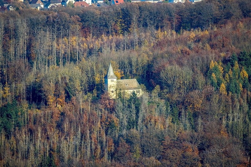 Aerial view, chapel on the Fürstenberg in the forest area in the district Höingen in Ense, Sauerland, North Rhine-Westphalia, Germany, DE, Ense, Europe, Fürstenberg chapel, chapel, aerial view, aerial photography, aerial photography, overview, bird's-eye view, forest area, birds-eyes view, overview