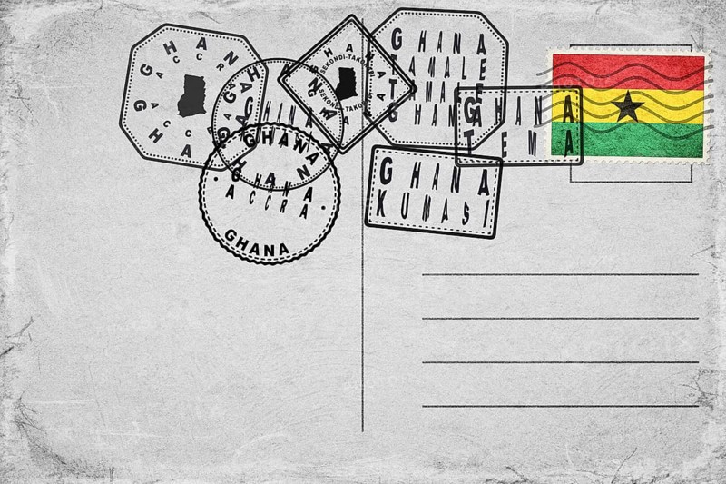Ghana Vintage Postcard with Flag Stamp and City Postmarks
