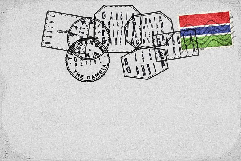 Gambia Vintage Postcard with Flag Stamp and City Postmarks