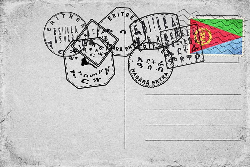 Eritrea Vintage Postcard with Flag Stamp and City Postmarks
