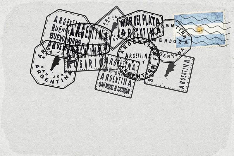 Argentina Vintage Postcard with Flag Stamp and City Postmarks