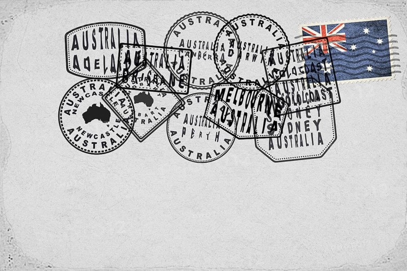 Australia Vintage Postcard with Flag Stamp and City Postmarks