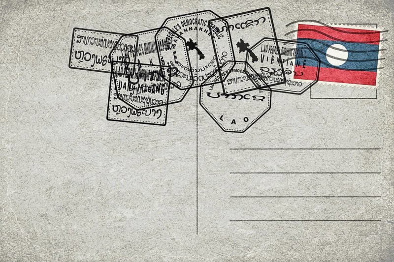 Laos Vintage Postcard with Flag Stamp and City Postmarks