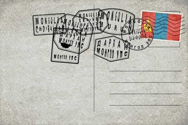 Mongolia Vintage Postcard with Flag Stamp and City Postmarks