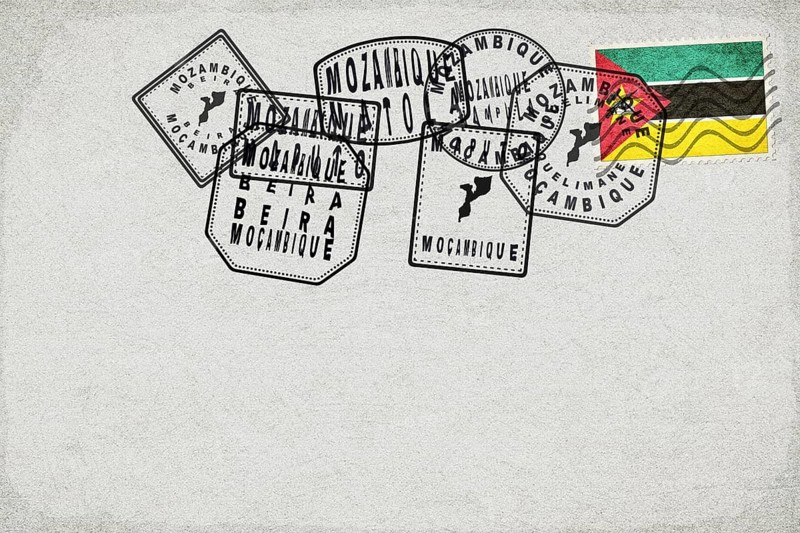 Mozambique Vintage Postcard with Flag Stamp and City Postmarks