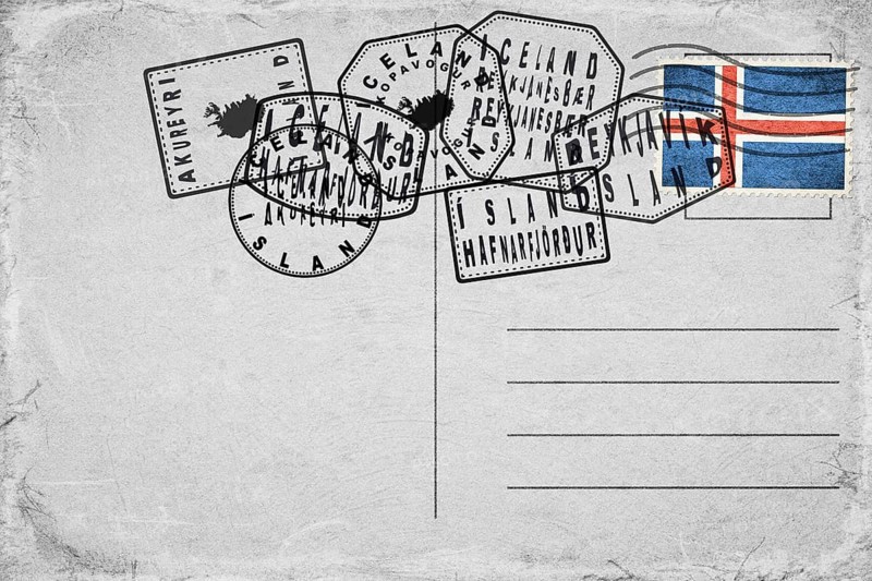 Iceland Vintage Postcard with Flag Stamp and City Postmarks