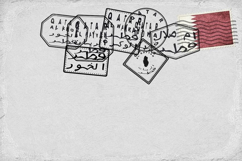 Qatar Vintage Postcard with Flag Stamp and City Postmarks