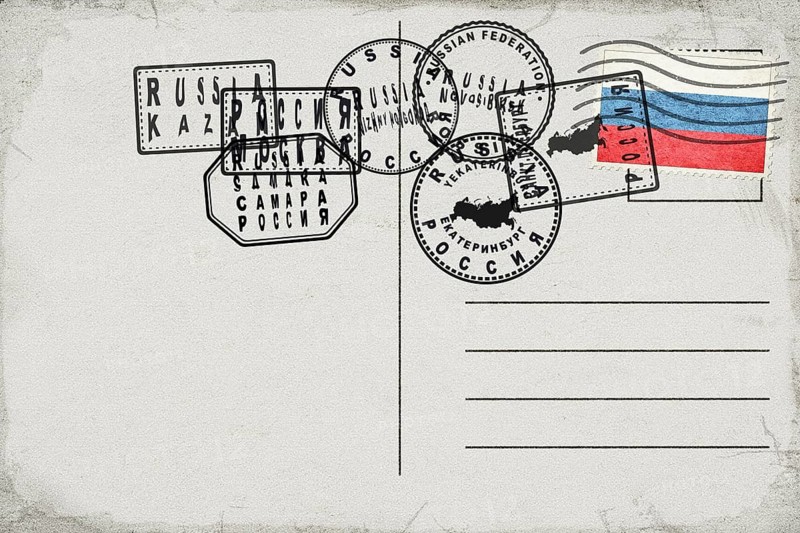 Russia Vintage Postcard with Flag Stamp and City Postmarks
