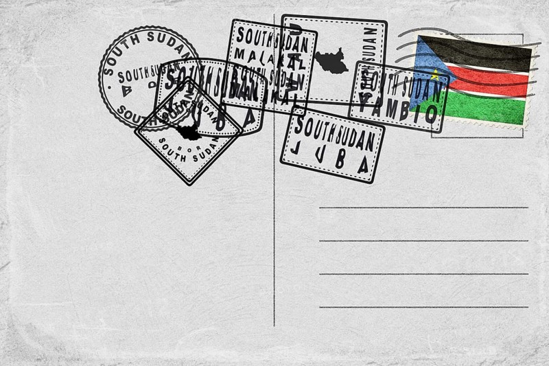 South Sudan Vintage Postcard with Flag Stamp and City Postmarks