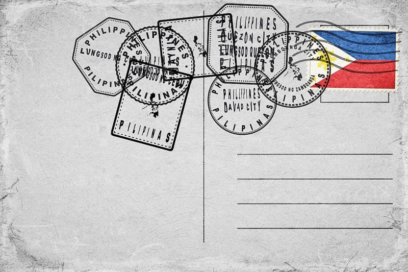 Philippines Vintage Postcard with Flag Stamp and City Postmarks