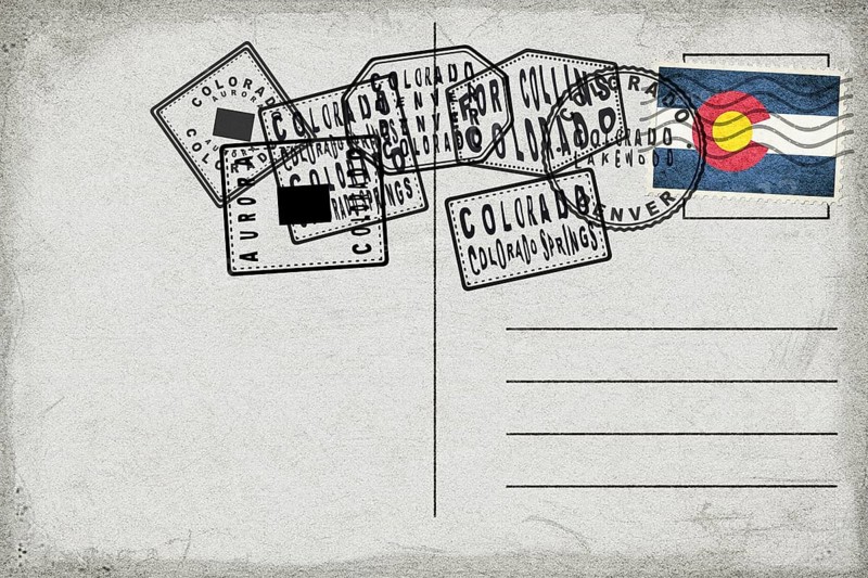 Colorado Vintage Postcard with Flag Stamp and City Postmarks