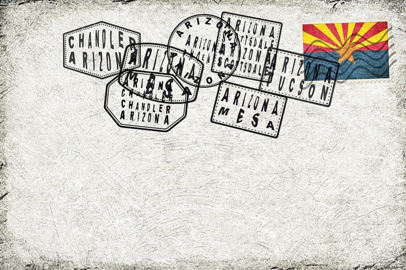 Arizona Vintage Postcard with Flag Stamp and City Postmarks