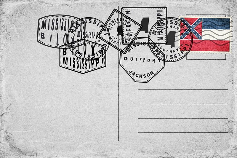 Mississippi Vintage Postcard with Flag Stamp and City Postmarks