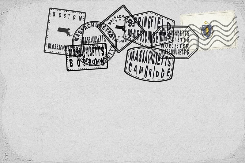 Massachusetts Vintage Postcard with Flag Stamp and City Postmarks