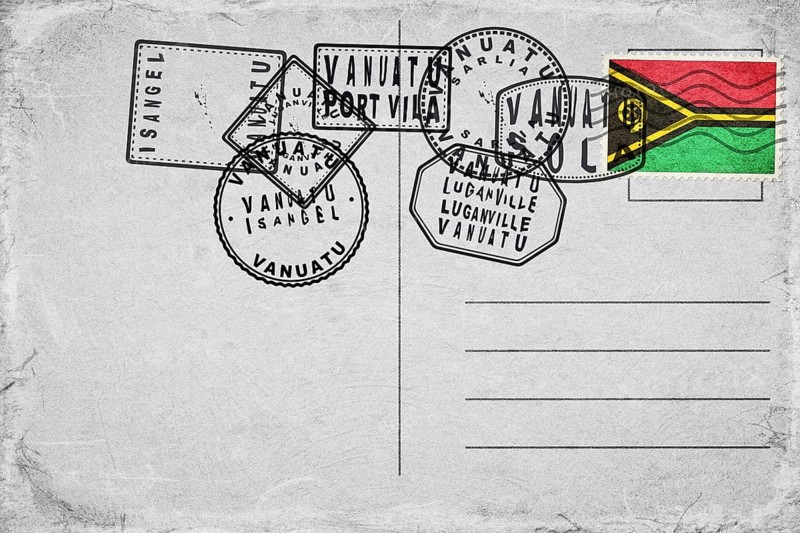 Vanuatu Vintage Postcard with Flag Stamp and City Postmarks
