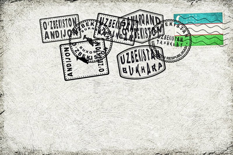 Uzbekistan Vintage Postcard with Flag Stamp and City Postmarks