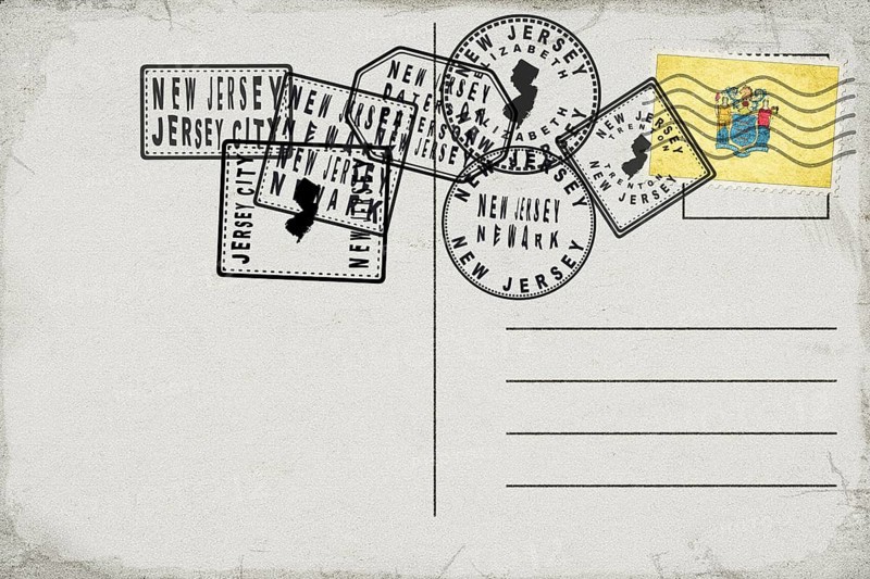 New Jersey Vintage Postcard with Flag Stamp and City Postmarks