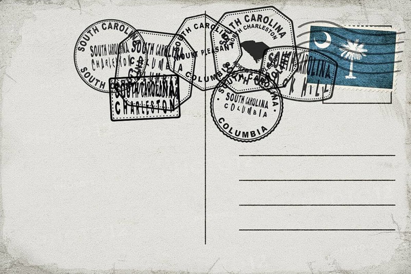 South Carolina Vintage Postcard with Flag Stamp and City Postmarks