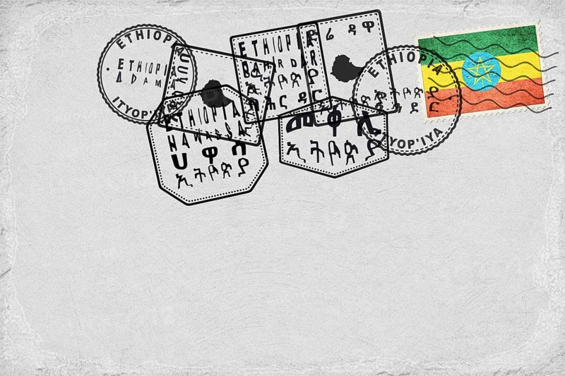 Ethiopia Dire Vintage Postcard with Flag Stamp and City Postmarks