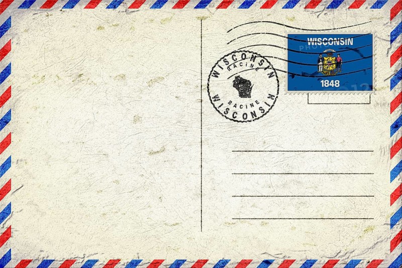 Wisconsin Racine Vintage Air Mail Envelope with Flag and Postmark
