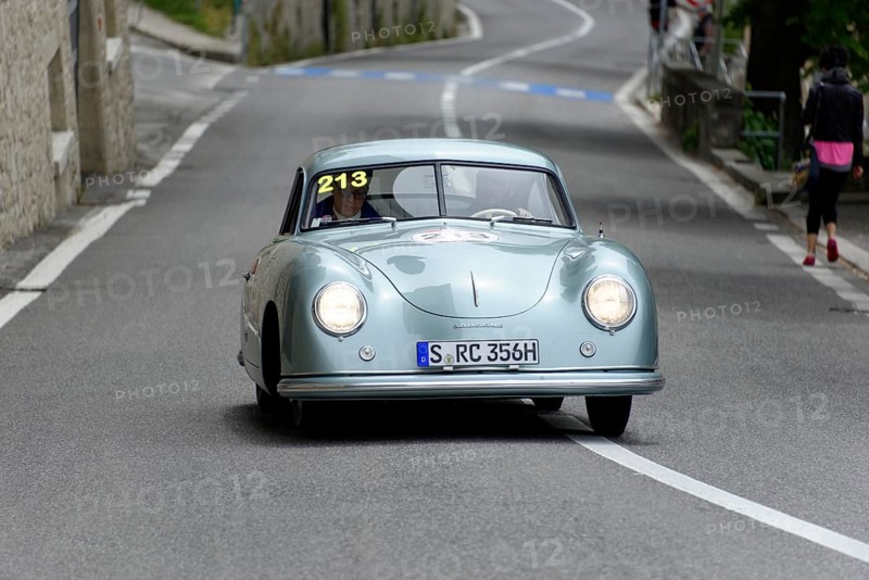 No. 213, Porsche 356 1100 Coupé, model year 1951, Blue retro car drives through a winding road, Mille Miglia 2014 or 1000 Miglia, classic car race, San Marino, Italy