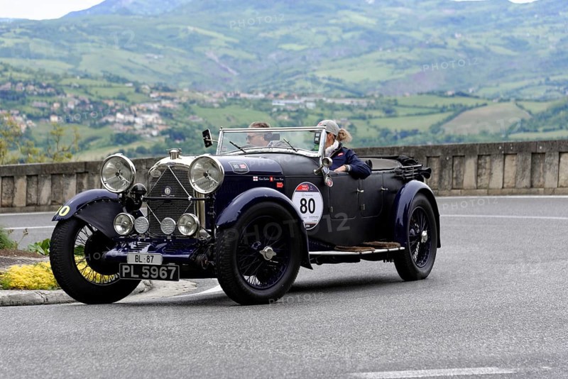 No. 80, Lagonda T2 2, 0 Super Charged, built in 1931, black vintage car drives through a landscape with sweeping views, Mille Miglia 2014 or 1000 Miglia, vintage car race, San Marino, Italy