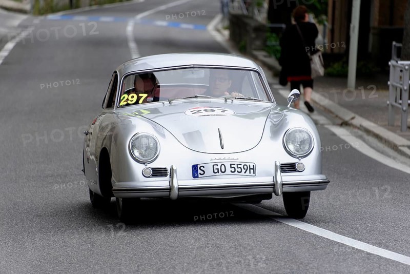 No. 297, Porsche 356 1500 Speedster, year of construction 1954, silver classic car with racing number, driving on a road with a driver, Mille Miglia 2014 or 1000 Miglia, classic car race, San Marino, Italy