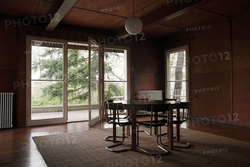 Potsdam-Caputh, DEU, Germany. 26.04.2002 - Albert Einstein's summer residence: living room of the famous scientist. (desk, interior, furniture, interior, history, museum) -